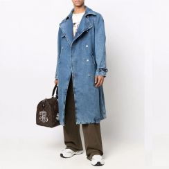 Long Sleeve Belted Waist Double Breasted Denim Trench Coat Men